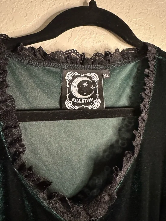 Killstar Dark Emerald Green Velvet Baby Doll Dress with Black Lace Trim - Picture 8 of 13